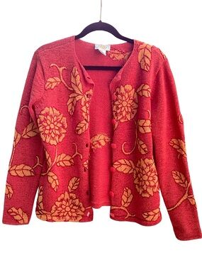 Vintage Talbots red orange embroidered floral leaf cotton cardigan size small